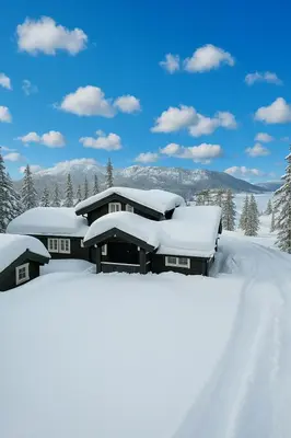 a house covered in snow with a road in front at Kilodden, Lakeside Mountain Cabin with Stunning Views in Tuddal