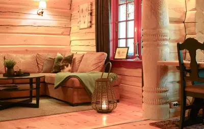 a woman sitting on a couch in a wooden room at Awesome Apartment In Bjorli With Wifi in Bjorli