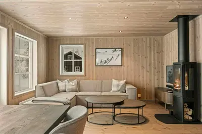 a living room with a couch and a stove at New Cabin With Ski-Inski-Out In Furutangen