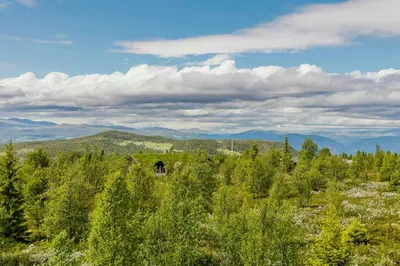a view of a field with trees and a house in the distance at Cabin With Panoramic Views Of Jotunheimen in Gålå