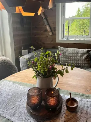 a table with a vase with flowers on it at Mountain Cabin Near Gaustatoppen And Måsafjell in Tuddal