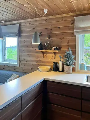 a kitchen with wooden walls and a counter top at Mountain Cabin Near Gaustatoppen And Måsafjell in Tuddal