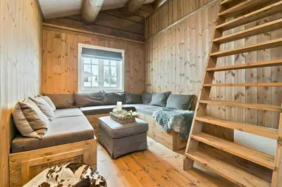 a living room with a couch and wooden walls at Mountain Cabin With Cinema Near Synnfjellporten in Nord Torpa