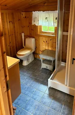 a small bathroom with a toilet and a shower at Mountain Cabin By Femunden Facing Sølen in Nymoen