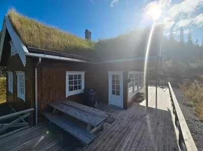 a house with a grass roof with a wooden deck at Mountain Cabin With Ski Access In Høgevarde in Flå