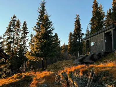 a cabin in the woods with trees at Unique Cabin And Freestanding Sauna With Views in Aurdal