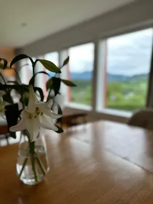 a vase with a white flower sitting on a table at Perfect family house in Voss in Vossevangen