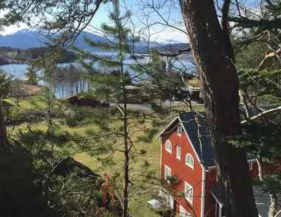a red barn in a field with a tree at Charming Farmhouse From 1919 Near Kristiansund in Kristiansund