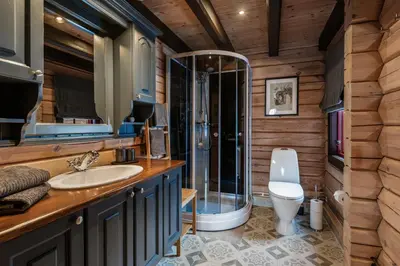 a bathroom with a shower and a sink and a toilet at Charming cabin by Hallingskarvet ski center in Hol