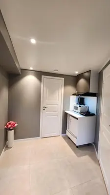 a kitchen with a white door and a microwave at Fjordclaw SNM- Cozy & Premium Feel in Bergen