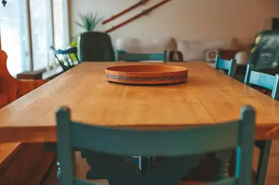 a wooden table with a box on top of it at Close to cross-country skiing, slalom slope and mountains - Soltun Geilo in Hol