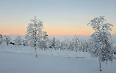 a snow covered yard with trees and chairs at Gorgeous Home In Gålå With House A Mountain View in Gålå