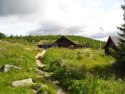 a path through a field with buildings with grass at Leilighet på fjellet nær Geilo in Hol