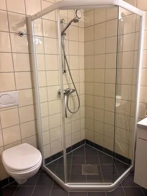 a shower stall with a toilet in a bathroom at Cozy Couples or Family Retreat - Hemsedal in Hemsedal