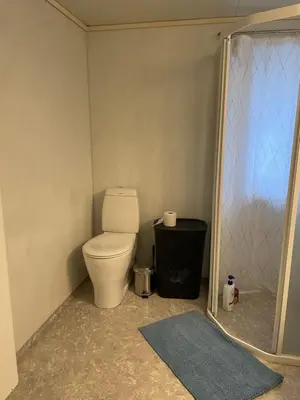 a small bathroom with a toilet and a shower at Bolig på Kaupanger in Kaupanger