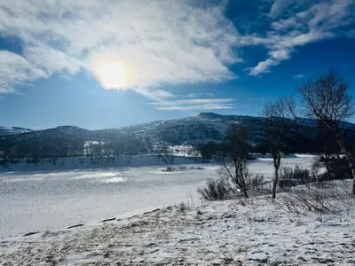 a snow covered field with the sun in the sky at New! Stay close to Hardangervidda & Vøringsfossen in Eidfjord