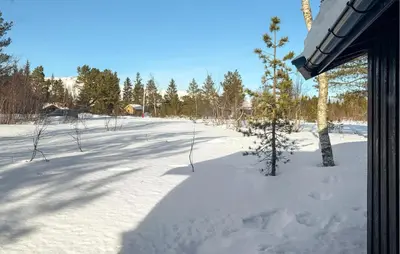 a snow covered yard with trees and a building at 3 Bedroom Nice Home In Fannrem in Fannrem