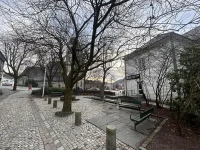 a park with benches and a tree on a sidewalk at City apartment in Bergen in Bergen