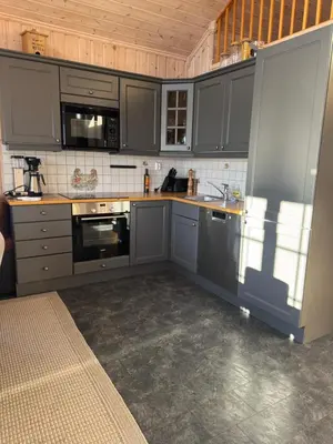 a kitchen with gray cabinets and a stove top oven at Cozy ski in&out cabin Hemsedal in Hemsedal