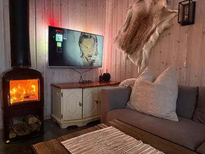 a living room with a couch and a wood stove at Cozy ski in&out cabin Hemsedal in Hemsedal