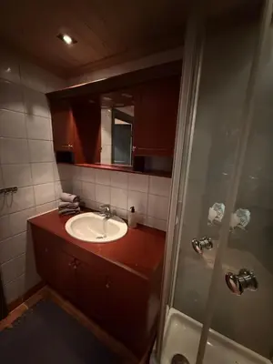 a bathroom with a sink and a shower at Cozy ski in&out cabin Hemsedal in Hemsedal