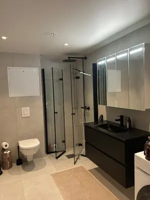 a bathroom with a shower and a toilet and a sink at Great apartment in the center of Ålesund in Ålesund