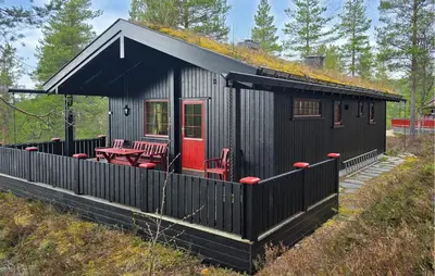 a black cabin with a red door and a grass roof at Nice Home In Rendalen With House A Panoramic View in Rendalen