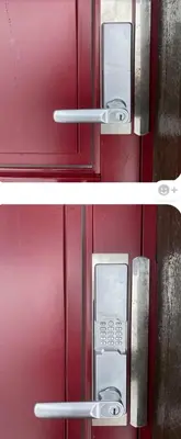 two pictures of a red door with a silver handle at Skarsnuten Panorama 61, Hemsedal in Hemsedal