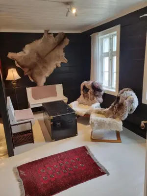 a room with a desk with a sewing machine and a rug at Rødseter Gjestegård in Fjarland