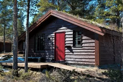 a cabin with a red door in the woods at Sjodalen Hyttetun og Camping in Stuttgongfossen