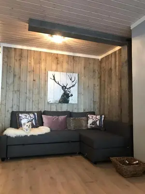 a couch in a living room with wooden walls at Kvamseter Lodge in Kvamseter
