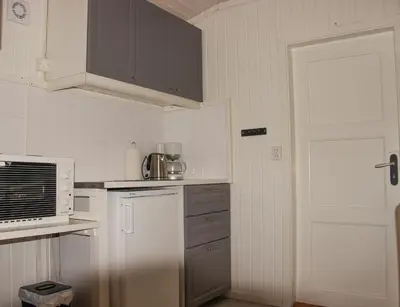 a kitchen with a white refrigerator and a microwave at Sandli Overnatting in Alvdal