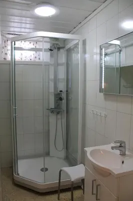 a bathroom with a glass shower and a sink at Sandli Overnatting in Alvdal