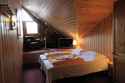 a bedroom with a bed in a wooden room at Fanitullen Hotel in Hemsedal