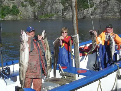 a group of people on a boat holding fish at Sotra Rorbusenter in Kåravika