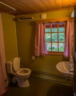 a bathroom with a toilet and a sink and a window at Maristuen Fjellferie in Borgund