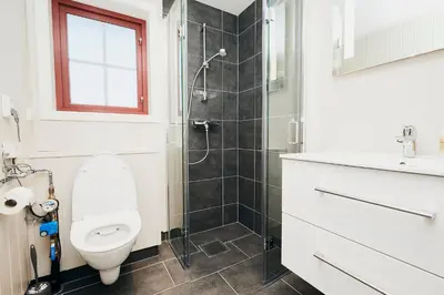 a bathroom with a toilet and a shower at Brennabu in Ron