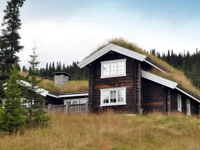 a log cabin with a grass roof on a hill at 12 person holiday home in Fåvang-By Traum in Favang