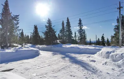 a road covered in snow with the sun in the sky at Cozy Home In Sjusjøen in Sjusjøen