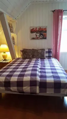 a bedroom with a bed with a blue and white checkered blanket at Egil's Vacation House in Lillehammer