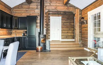 a kitchen with a stove in a room with wooden walls at Sjusjøen Setegrend 4733 in Sjusjøen
