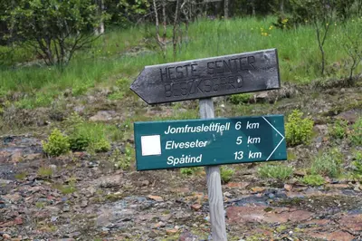 a sign for a hiking trail in a field at Gamlestølen Fjellstue in Etnedal