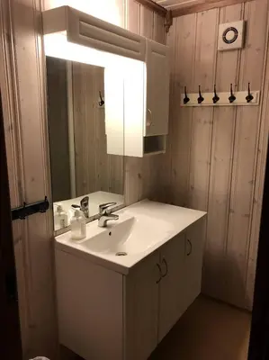 a bathroom with a sink and a mirror at Haglebu Turistheim in Haglebu