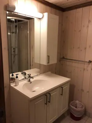 a bathroom with a sink and a mirror at Haglebu Turistheim in Haglebu