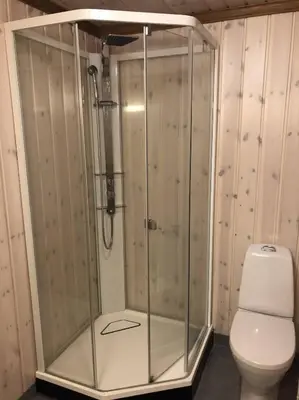 a bathroom with a shower and a toilet at Haglebu Turistheim in Haglebu