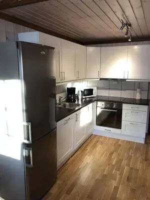 a kitchen with white cabinets and a black refrigerator at Haglebu Turistheim in Haglebu