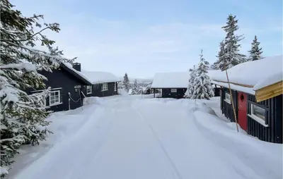 a road covered in snow next to a building at Sjusjøen Pihl 4020 in Sjusjøen