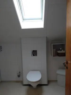 a bathroom with a white toilet and a skylight at Hardanger Rom & Harmonium 