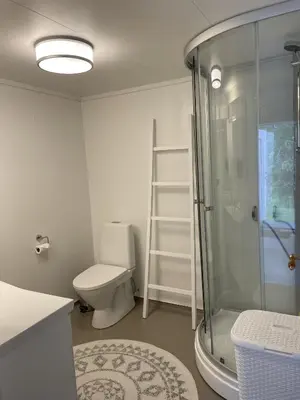 a bathroom with a toilet and a glass shower at Dalhus - House with jacuzzi in Norddal