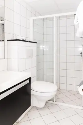 a white bathroom with a toilet and a shower at Thon Hotel Backlund in Levanger